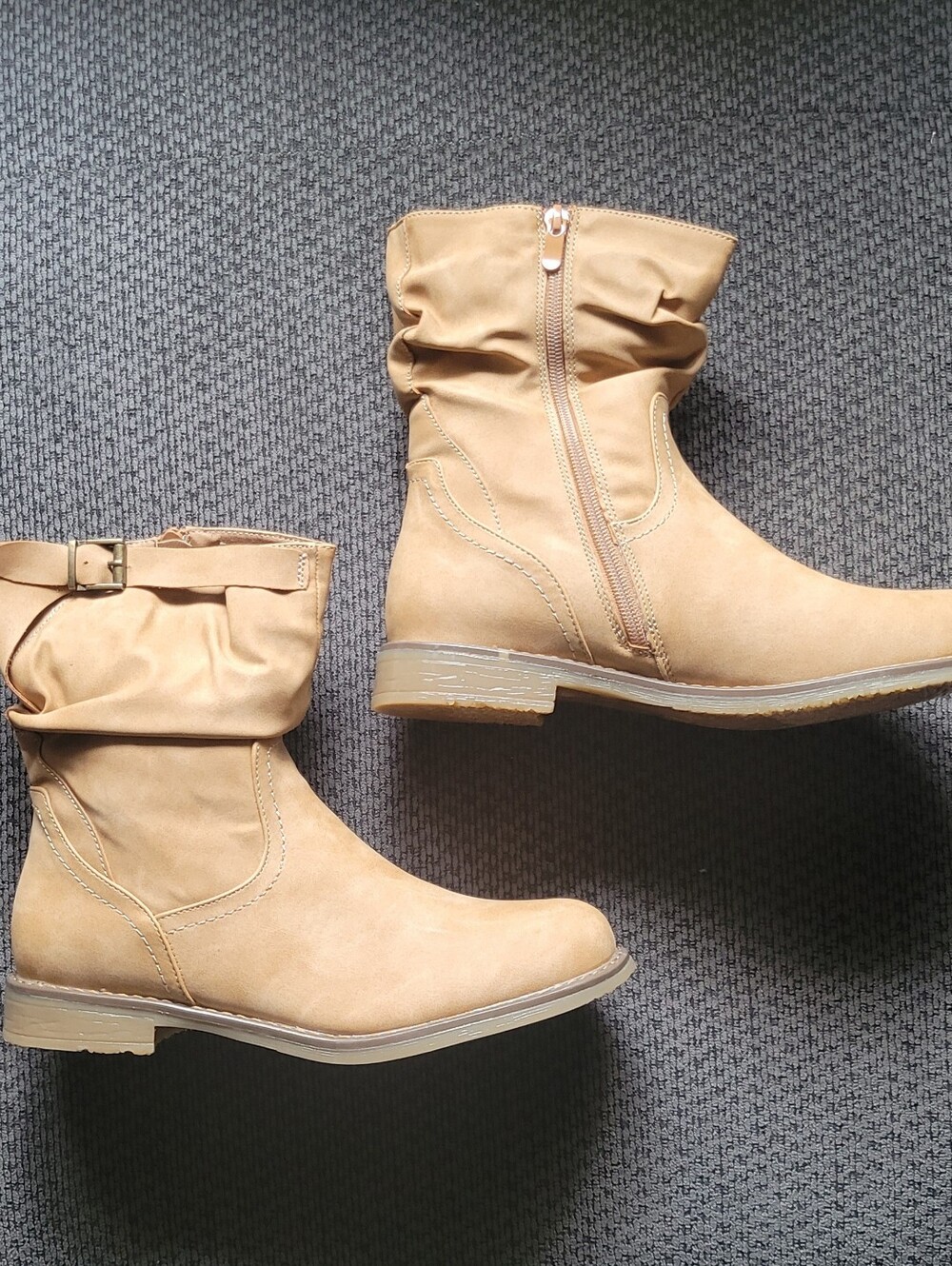 NEW Women's Size 40 approx 9 to 9.5 Tan Slouch Buckle Strap Side Zip Boots Brown
